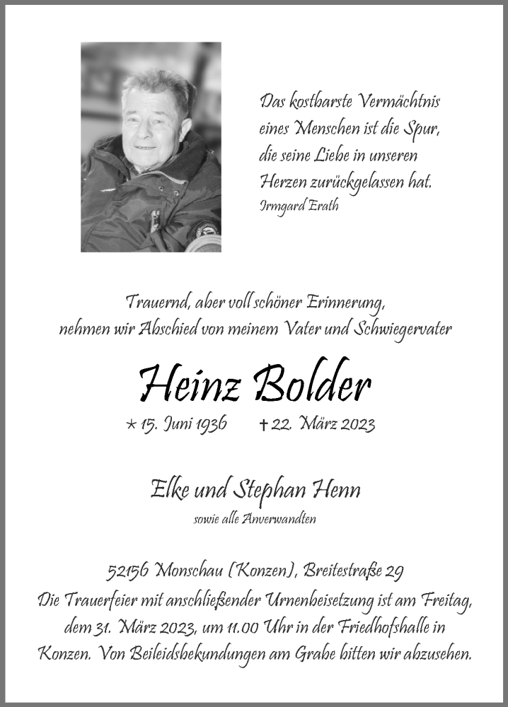  Traueranzeige für Heinz Bolder vom 26.03.2023 aus Zeitung am Sonntag