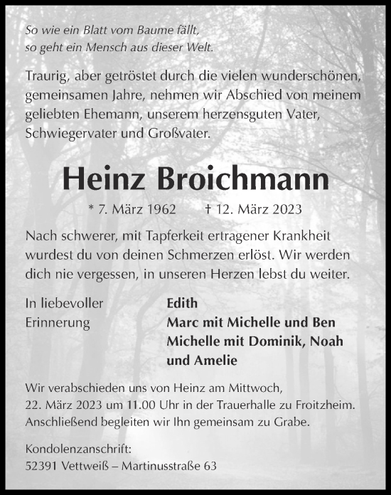 Traueranzeige von Heinz Broichmann von Zeitung am Sonntag