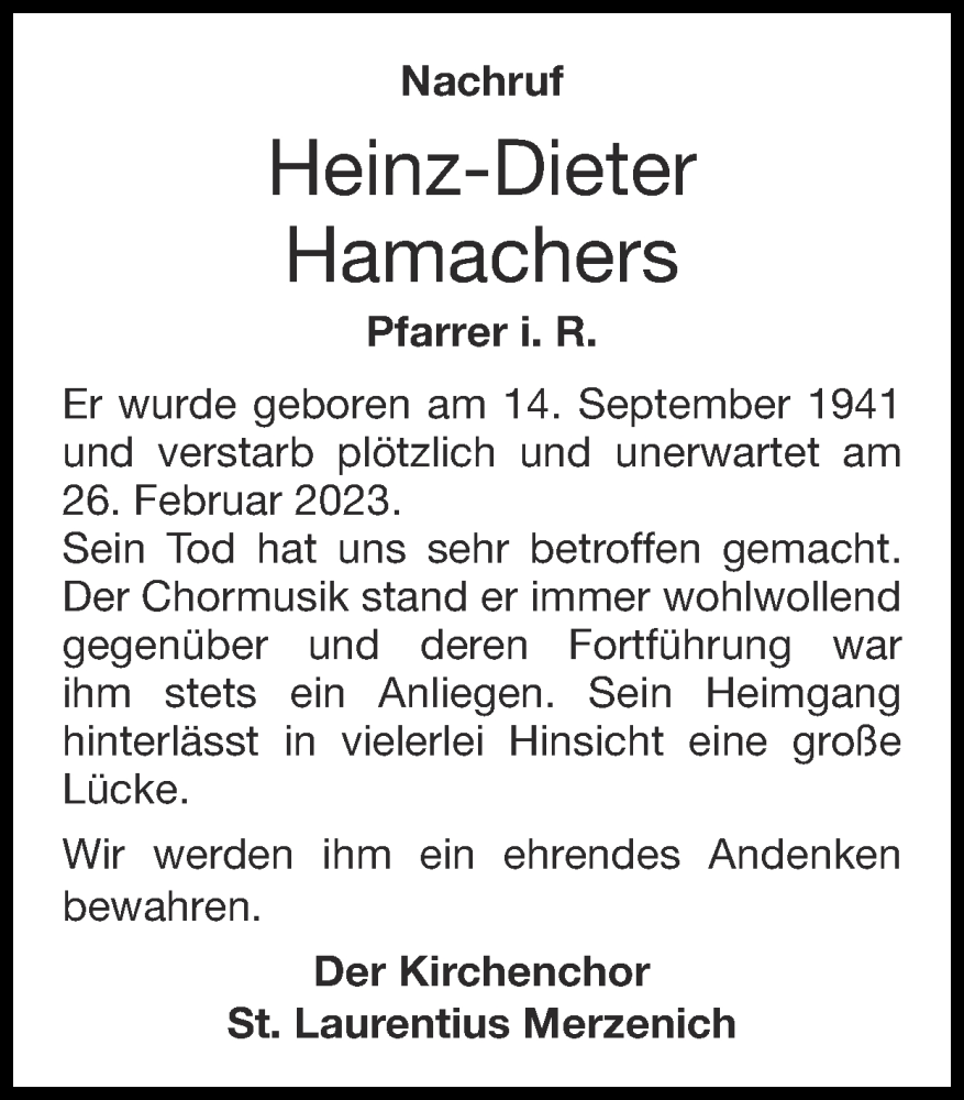  Traueranzeige für Heinz-Dieter Hamachers vom 05.03.2023 aus Zeitung am Sonntag