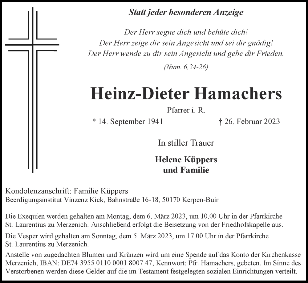  Traueranzeige für Heinz-Dieter Hamachers vom 05.03.2023 aus Zeitung am Sonntag