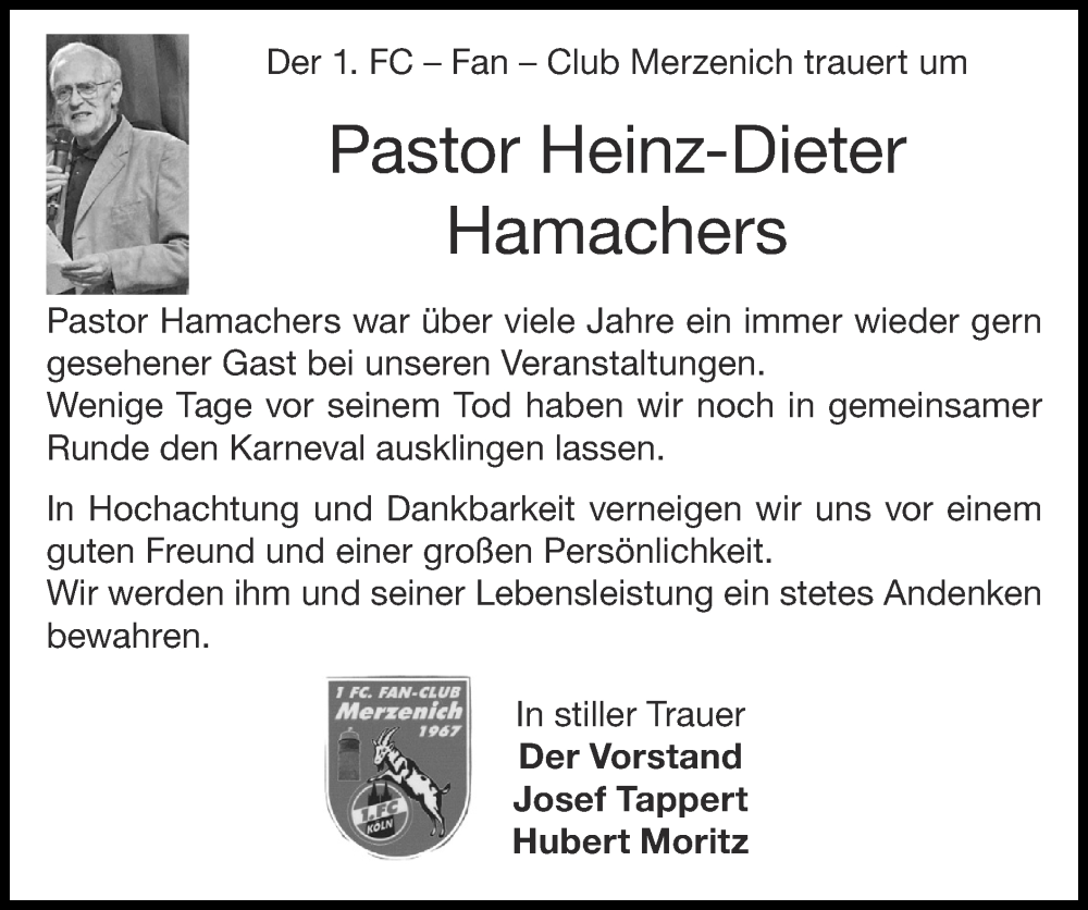  Traueranzeige für Heinz-Dieter Hamachers vom 05.03.2023 aus Zeitung am Sonntag
