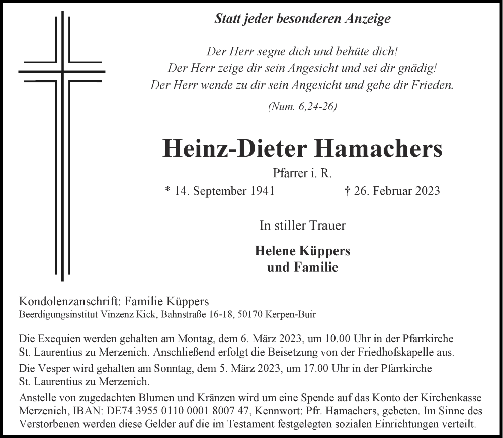  Traueranzeige für Heinz-Dieter Hamachers vom 02.03.2023 aus Aachener Zeitung / Aachener Nachrichten