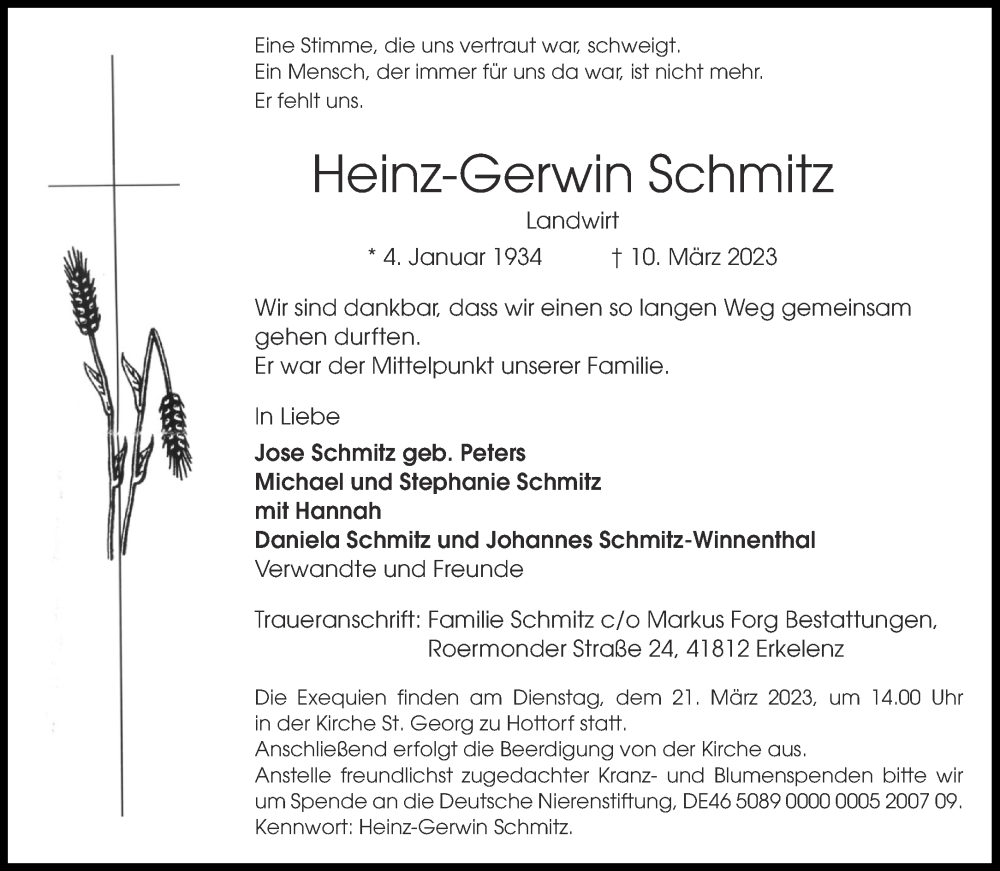  Traueranzeige für Heinz-Gerwin Schmitz vom 18.03.2023 aus Aachener Zeitung / Aachener Nachrichten