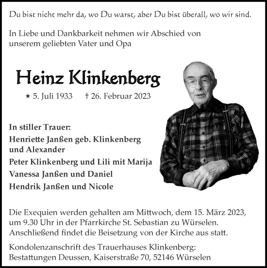 Traueranzeige von Heinz Klinkenberg von Zeitung am Sonntag