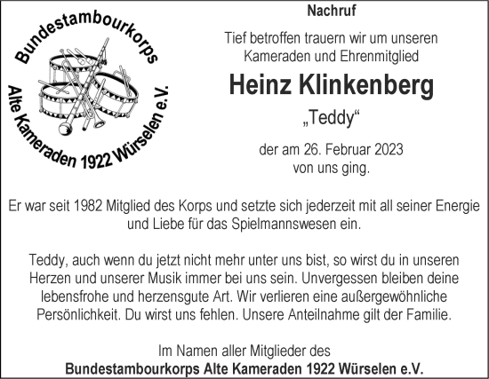 Traueranzeige von Heinz Klinkenberg von Zeitung am Sonntag