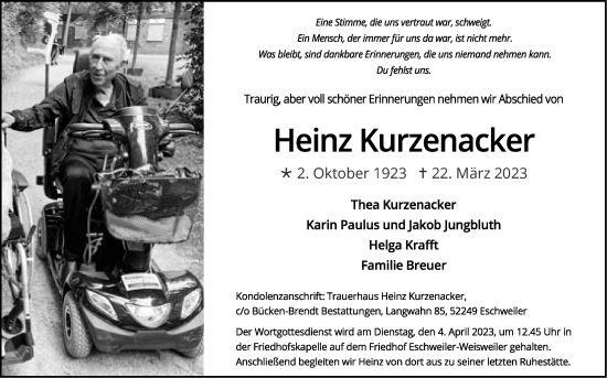 Traueranzeige von Heinz Kurzenacker von Zeitung am Sonntag