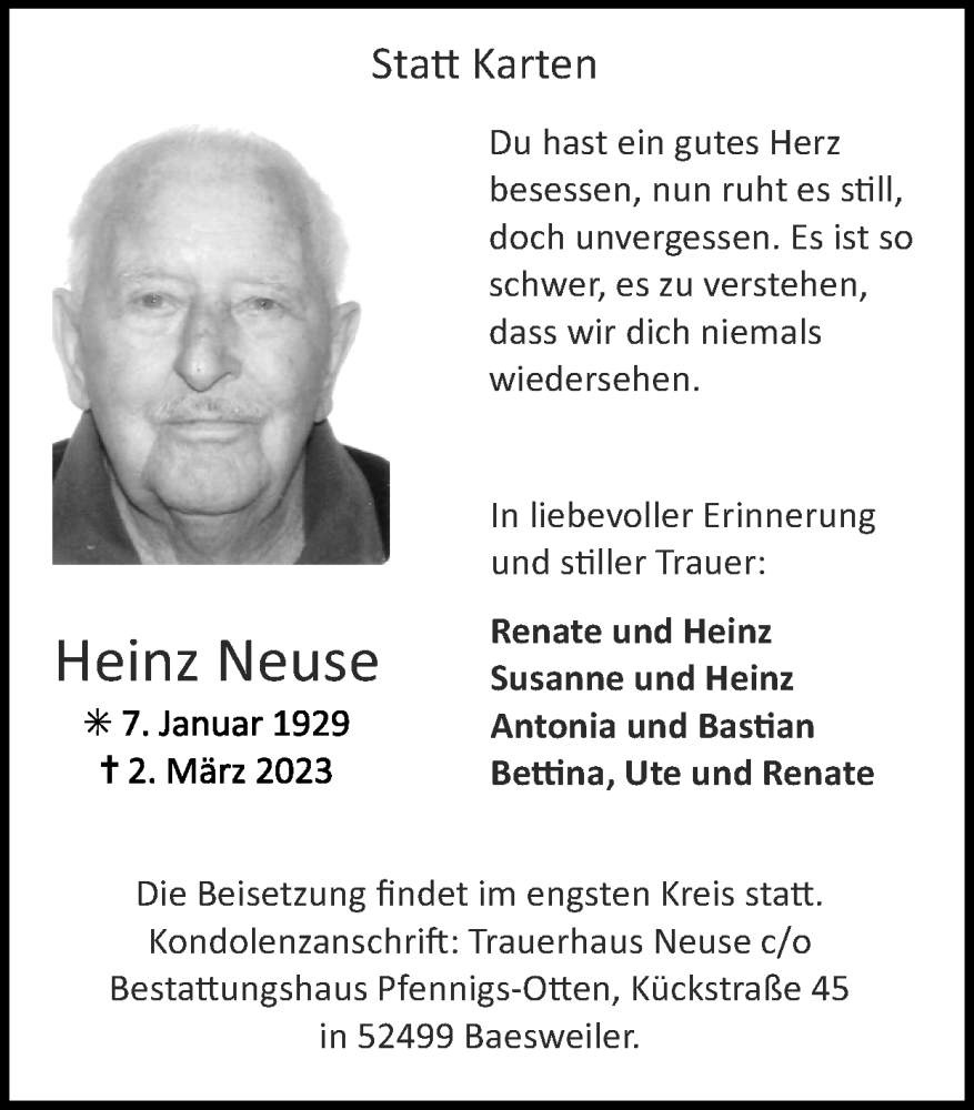  Traueranzeige für Heinz Neuse vom 12.03.2023 aus Zeitung am Sonntag