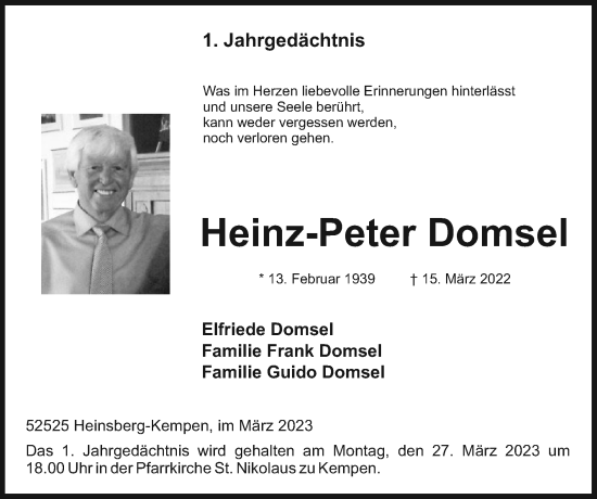 Traueranzeige von Heinz-Peter Domsel von Zeitung am Sonntag