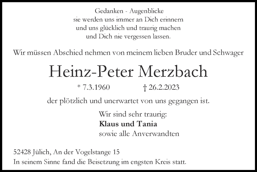  Traueranzeige für Heinz-Peter Merzbach vom 05.03.2023 aus Zeitung am Sonntag
