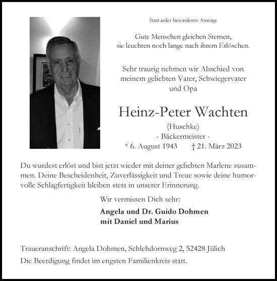 Traueranzeige von Heinz-Peter Wachten von Aachener Zeitung