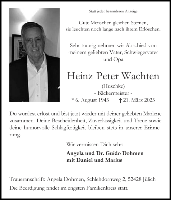 Traueranzeige von Heinz-Peter Wachten von Zeitung am Sonntag