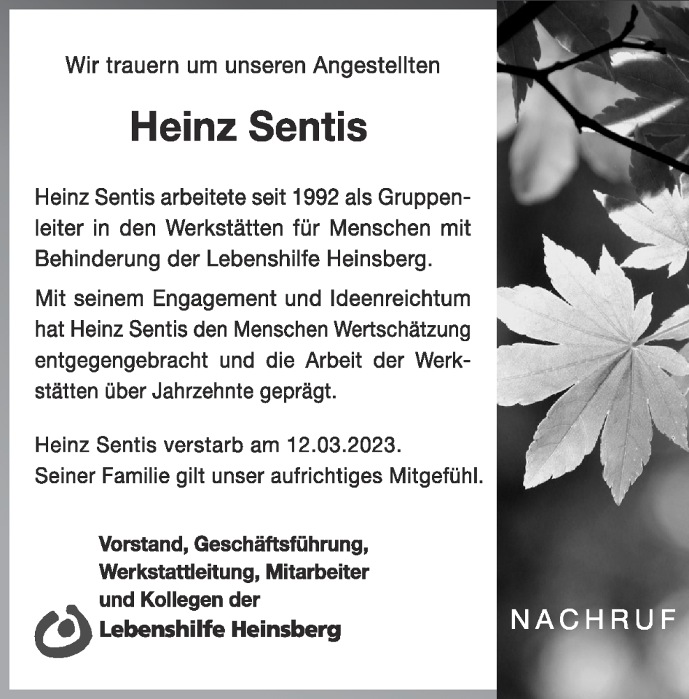  Traueranzeige für Heinz Sentis vom 26.03.2023 aus Zeitung am Sonntag