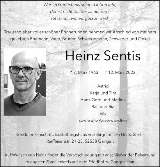 Traueranzeige von Heinz Sentis von Zeitung am Sonntag