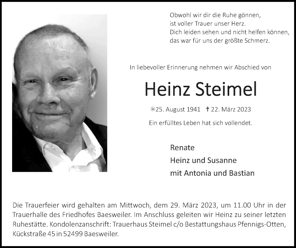  Traueranzeige für Heinz Steimel vom 26.03.2023 aus Zeitung am Sonntag