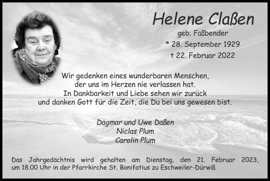 Traueranzeige von Helene Claßen von Zeitung am Sonntag