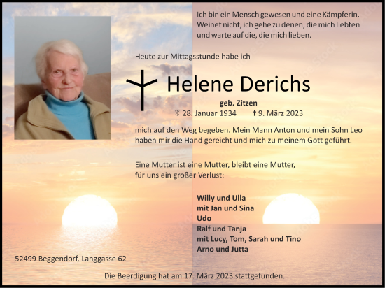 Traueranzeige von Helene Derichs von Zeitung am Sonntag