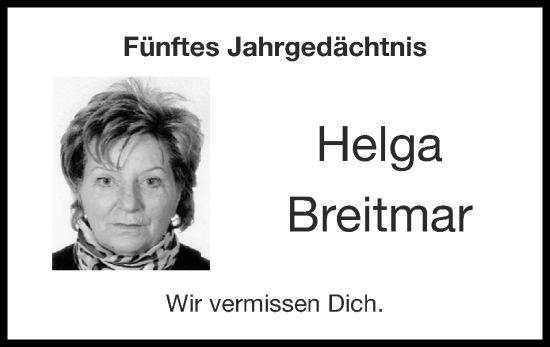 Traueranzeige von Helga Breitmar von Zeitung am Sonntag