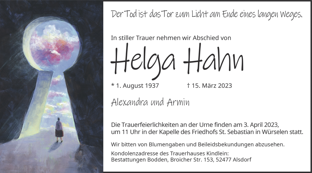  Traueranzeige für Helga Hahn vom 26.03.2023 aus Zeitung am Sonntag