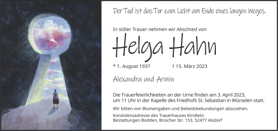 Traueranzeige von Helga Hahn von Aachener Zeitung