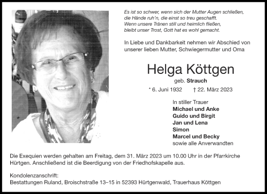 Traueranzeige von Helga Köttgen von Aachener Zeitung