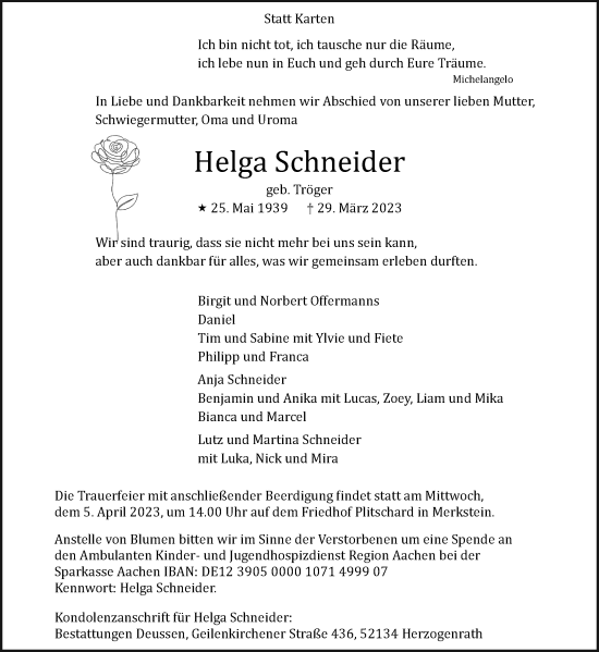 Traueranzeige von Helga Schneider von Aachener Zeitung