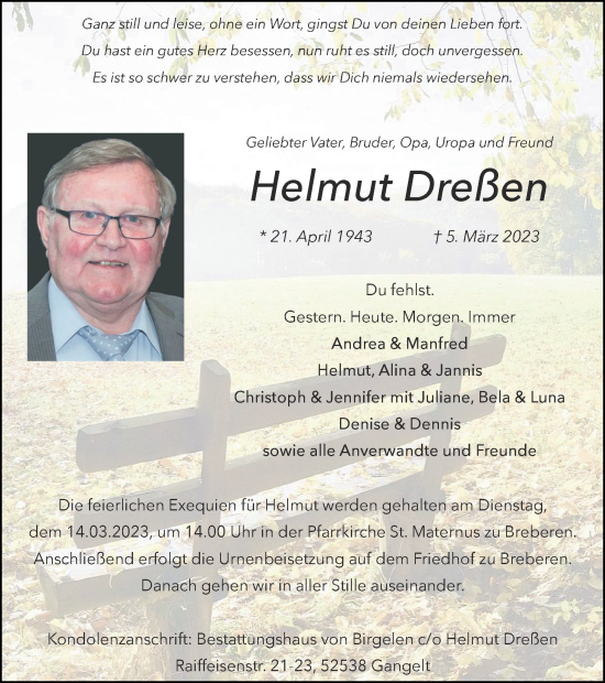 Traueranzeige von Helmut Dreßen von Zeitung am Sonntag