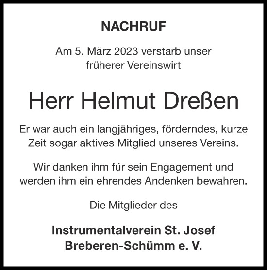 Traueranzeige von Helmut Dreßen von Zeitung am Sonntag