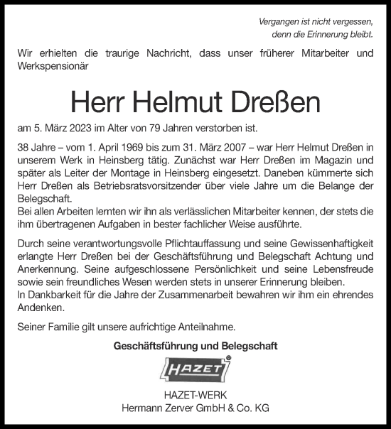 Traueranzeige von Helmut Dreßen von Aachener Zeitung / Aachener Nachrichten
