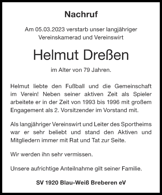 Traueranzeige von Helmut Dreßen von Zeitung am Sonntag