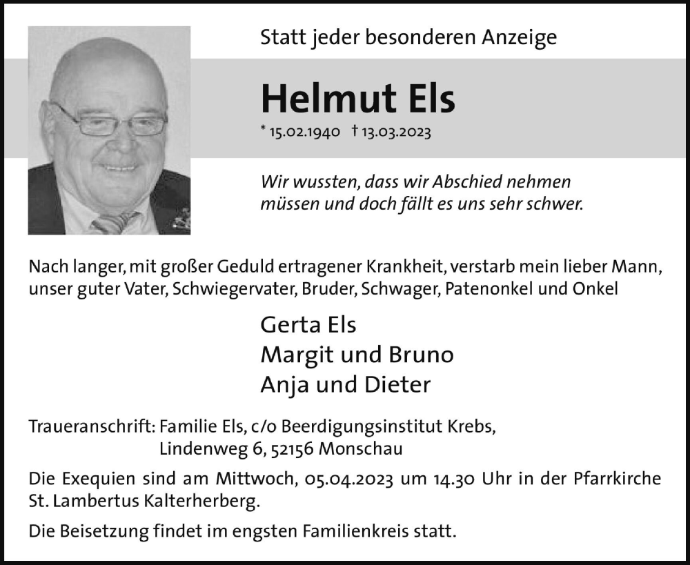  Traueranzeige für Helmut Els vom 25.03.2023 aus Aachener Zeitung