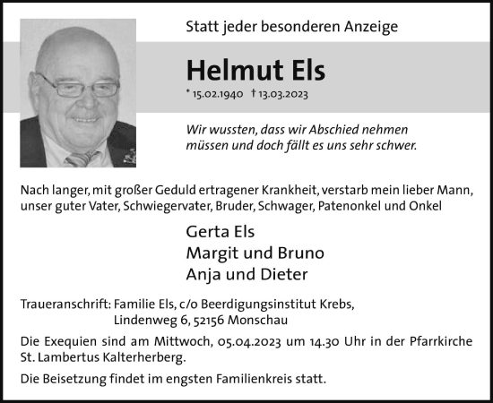 Traueranzeige von Helmut Els von Aachener Zeitung