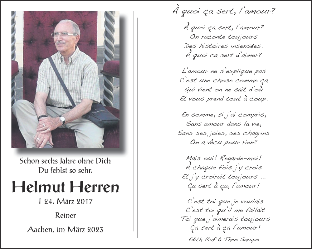  Traueranzeige für Helmut Herren vom 25.03.2023 aus Aachener Zeitung