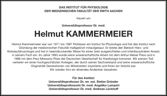 Traueranzeige von Helmut Kammermeier von Aachener Zeitung / Aachener Nachrichten