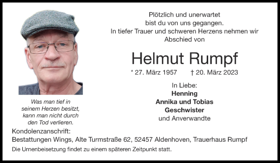 Traueranzeige von Helmut Rumpf von Zeitung am Sonntag