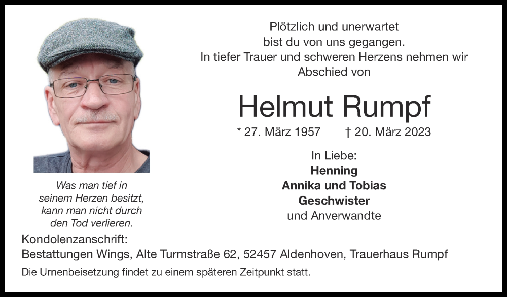  Traueranzeige für Helmut Rumpf vom 26.03.2023 aus Zeitung am Sonntag