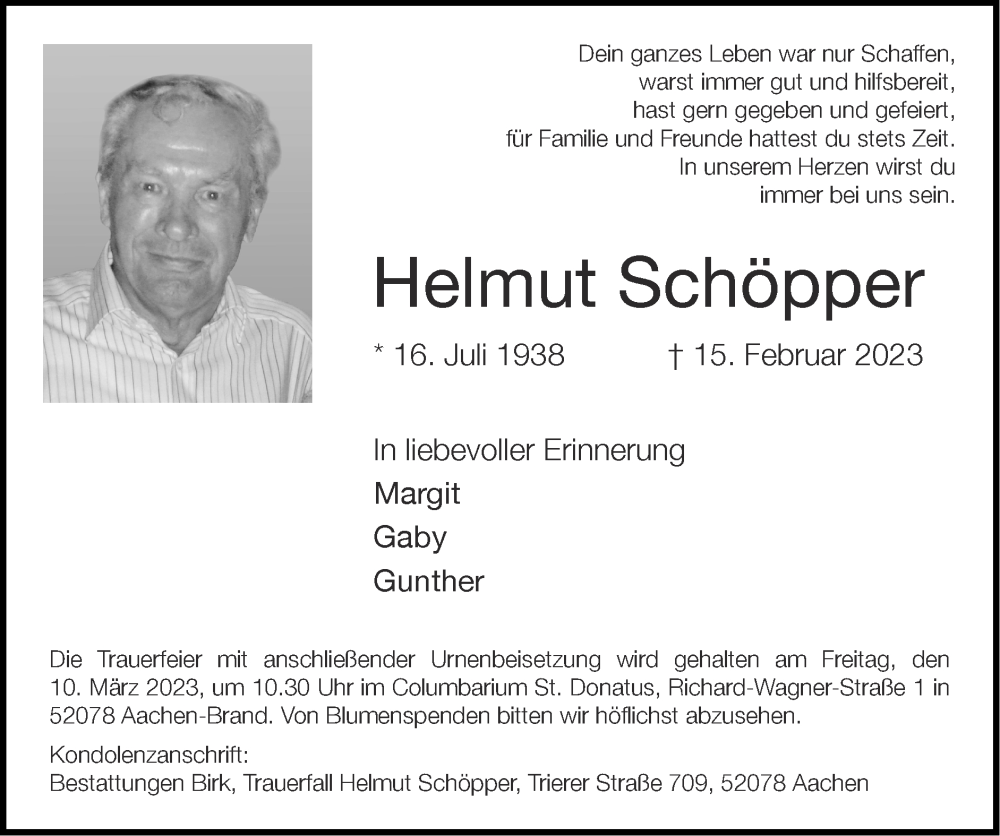  Traueranzeige für Helmut Schöpper vom 05.03.2023 aus Zeitung am Sonntag