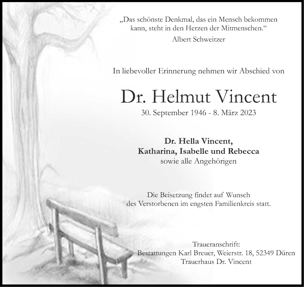  Traueranzeige für Helmut Vincent vom 18.03.2023 aus Aachener Zeitung / Aachener Nachrichten