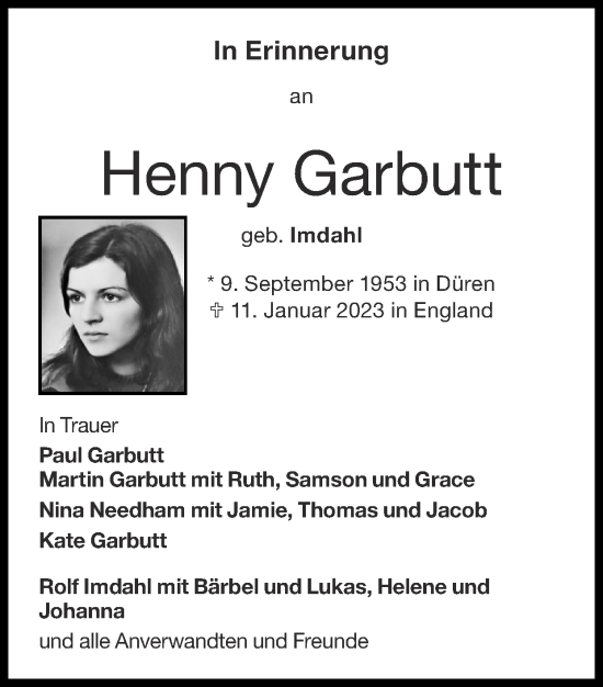Traueranzeige von Henny Garbutt von Zeitung am Sonntag