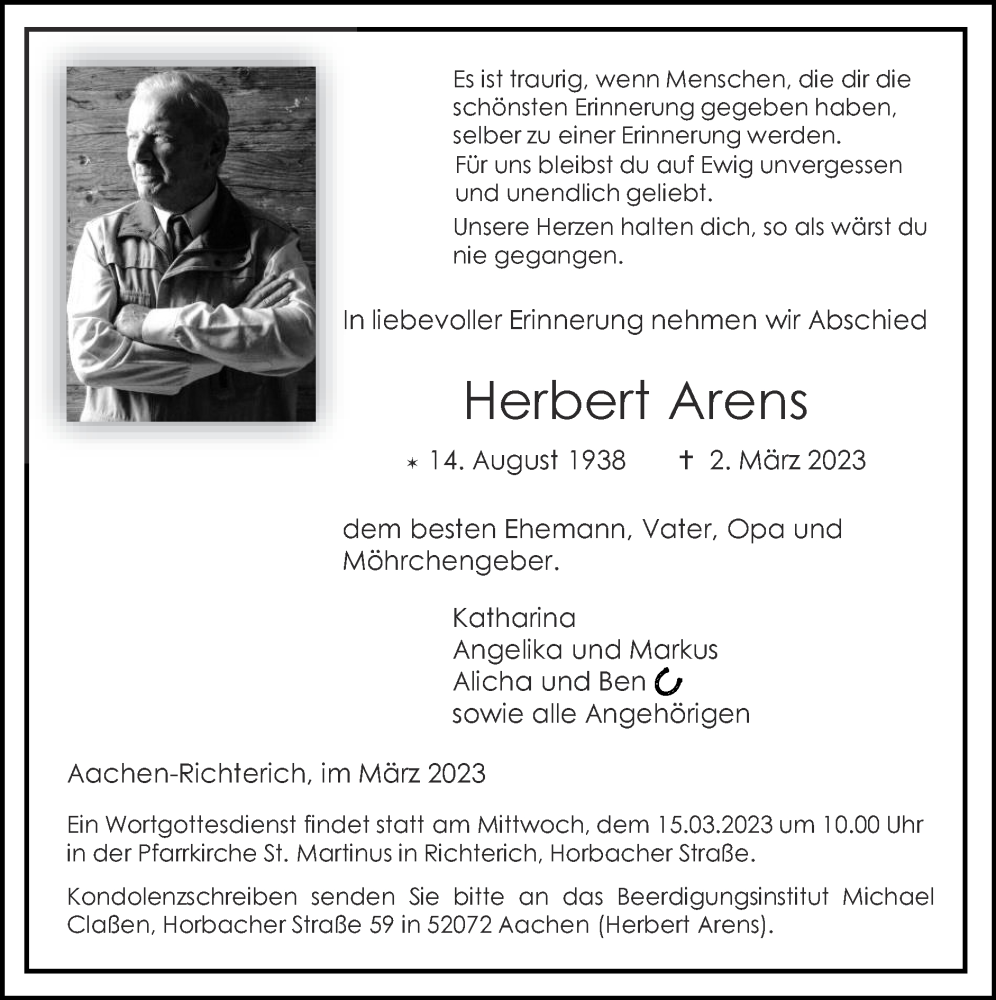  Traueranzeige für Herbert Arens vom 12.03.2023 aus Zeitung am Sonntag