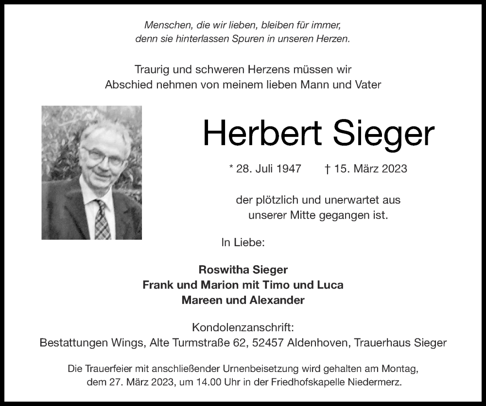  Traueranzeige für Herbert Sieger vom 19.03.2023 aus Zeitung am Sonntag