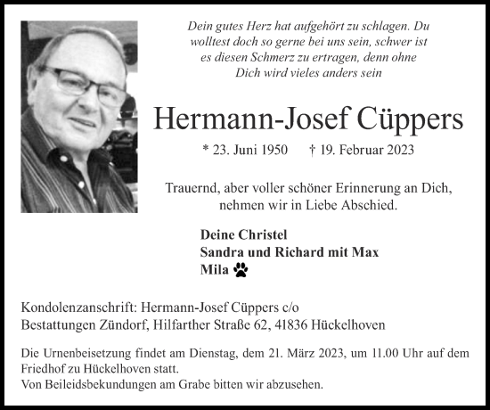 Traueranzeige von Hermann-Josef Cüppers von Zeitung am Sonntag