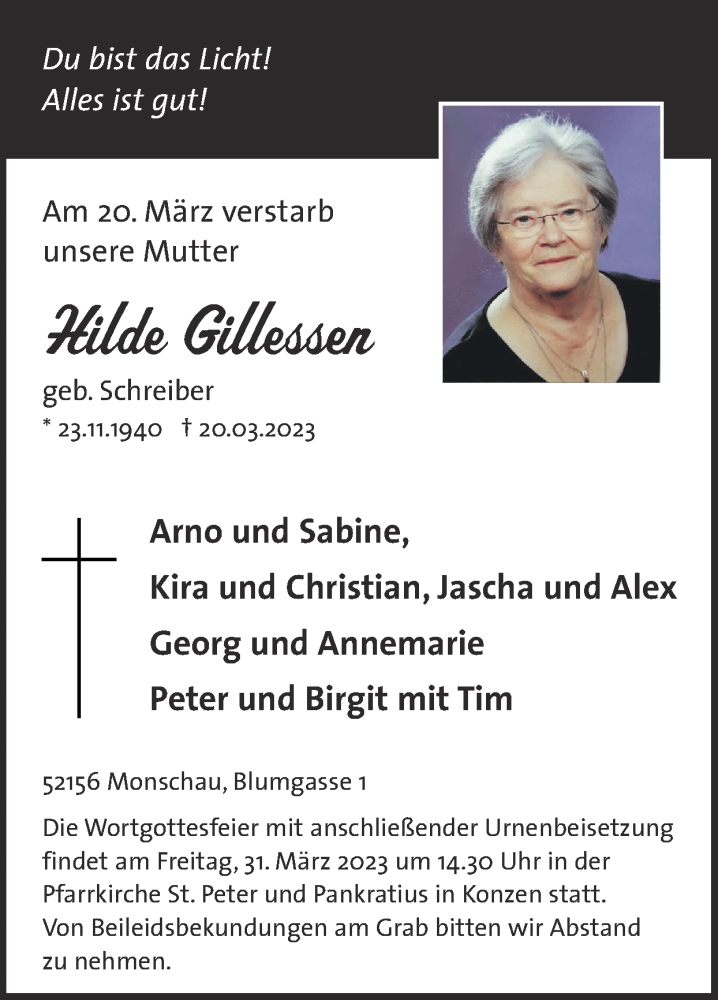  Traueranzeige für Hilde Gillessen vom 26.03.2023 aus Zeitung am Sonntag