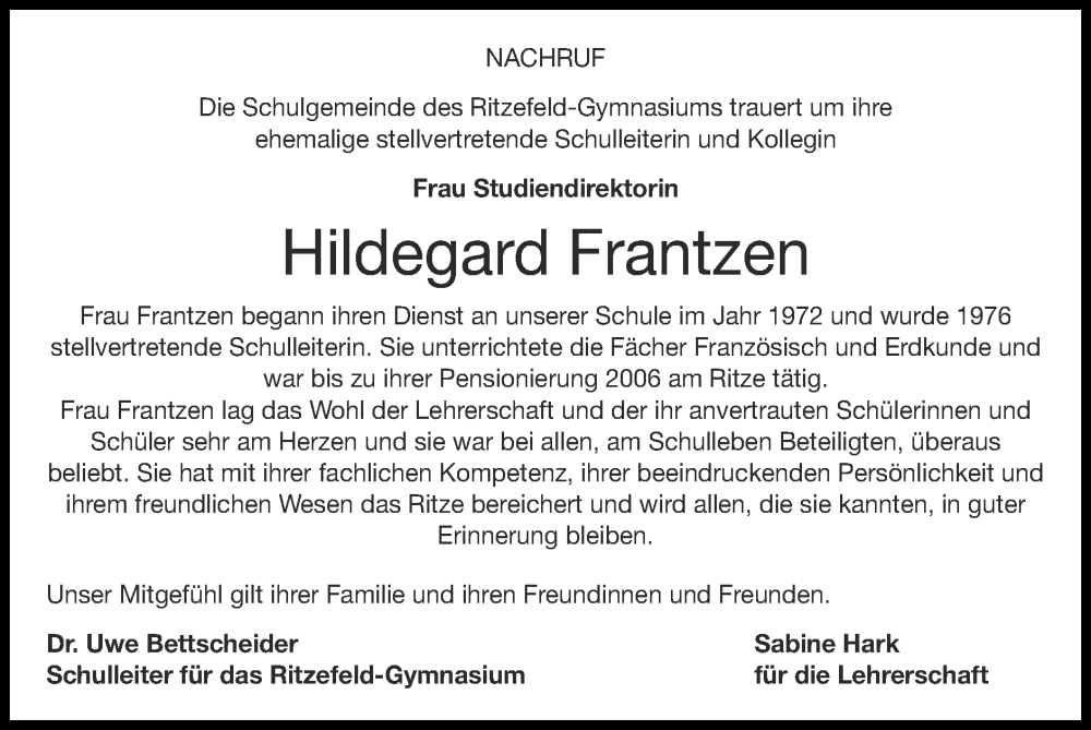  Traueranzeige für Hildegard Frantzen vom 12.03.2023 aus Zeitung am Sonntag
