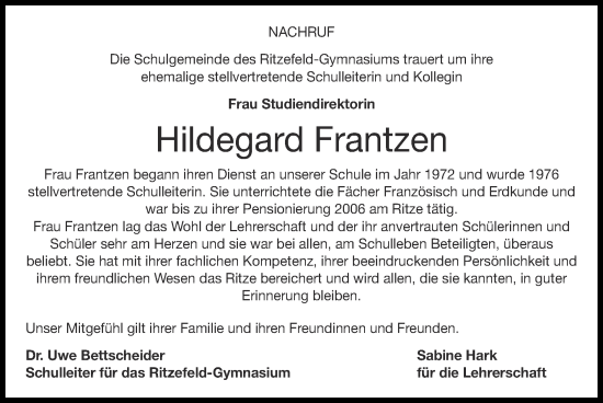 Traueranzeige von Hildegard Frantzen von Zeitung am Sonntag