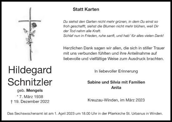 Traueranzeige von Hildegard Schnitzler von Zeitung am Sonntag