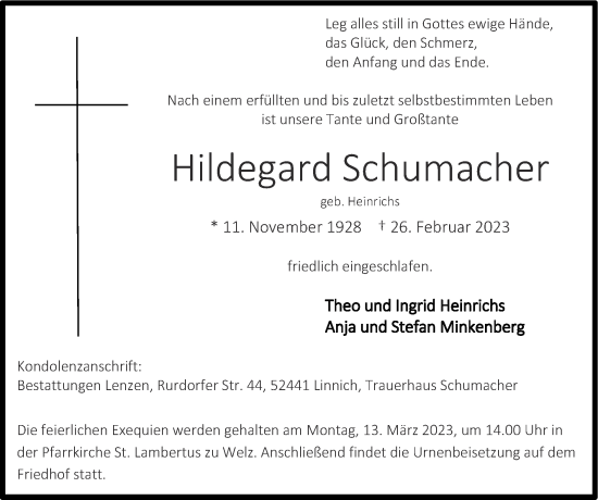 Traueranzeige von Hildegard Schumacher von Zeitung am Sonntag