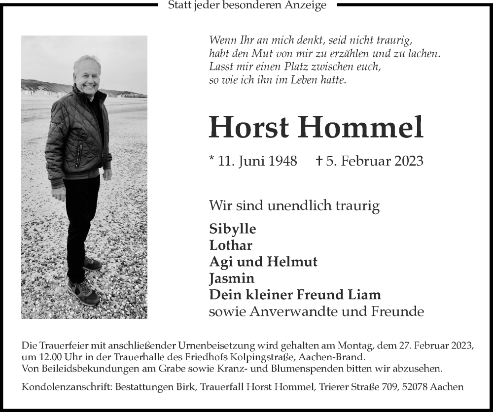  Traueranzeige für Horst Hommel vom 19.02.2023 aus Zeitung am Sonntag