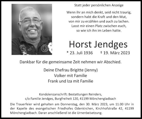 Traueranzeige von Horst Jendges von Zeitung am Sonntag