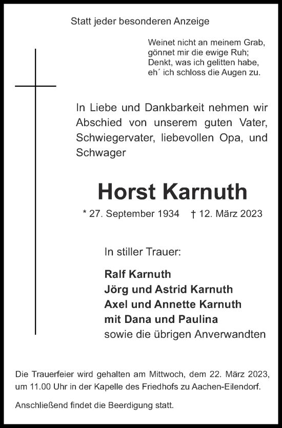 Traueranzeige von Horst Karnuth von Zeitung am Sonntag