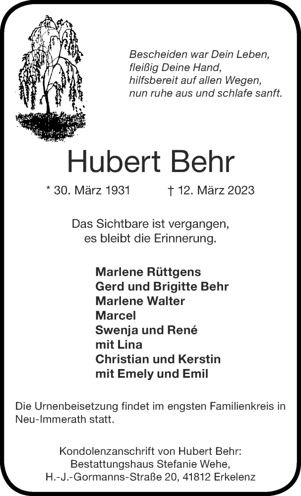  Traueranzeige für Hubert Behr vom 19.03.2023 aus Zeitung am Sonntag